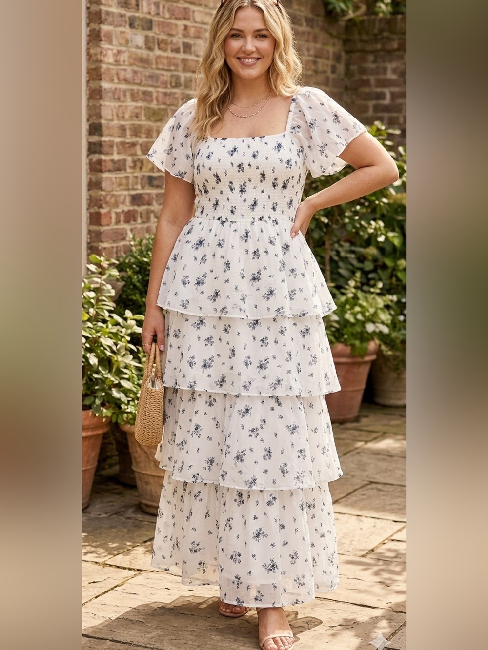 J Gee White Floral Tiered Maxi Dress